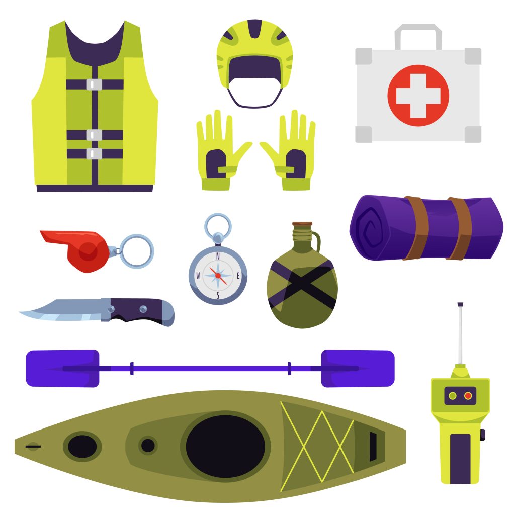 Equipment For Kayaking Adventure Set Of Icons Flat